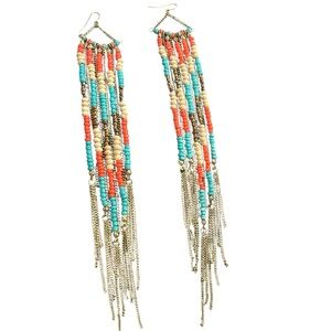 Boho Beaded Earrings Turquoise Orange‎ Dangle Chain Fringe Fashion Jewelry